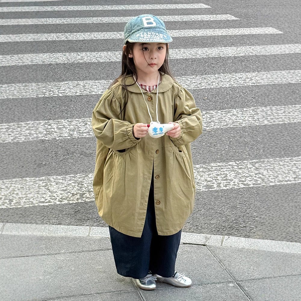 ロングコート 丸襟ミドル丈アウターコート ギャザー切り替えジャケット【mh0011052】