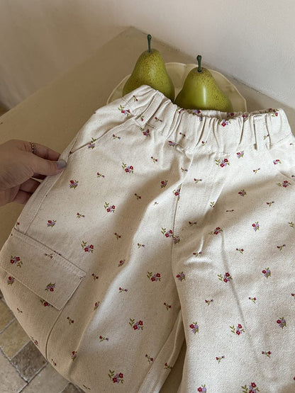 ロングパンツ・スウェットパンツ 小花柄ワイドパンツ サイドポケット付き ルーズフィットロングパンツ【mh0011054】