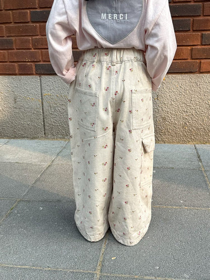 ロングパンツ・スウェットパンツ 小花柄ワイドパンツ サイドポケット付き ルーズフィットロングパンツ【mh0011054】