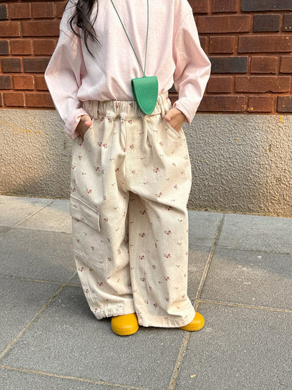 ロングパンツ・スウェットパンツ 小花柄ワイドパンツ サイドポケット付き ルーズフィットロングパンツ【mh0011054】