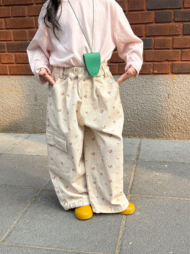 ロングパンツ・スウェットパンツ 小花柄ワイドパンツ サイドポケット付き ルーズフィットロングパンツ【mh0011054】