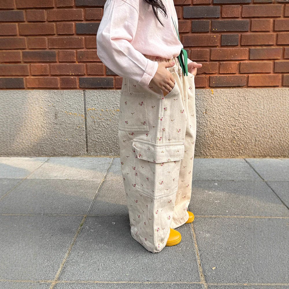 ロングパンツ・スウェットパンツ 小花柄ワイドパンツ サイドポケット付き ルーズフィットロングパンツ【mh0011054】