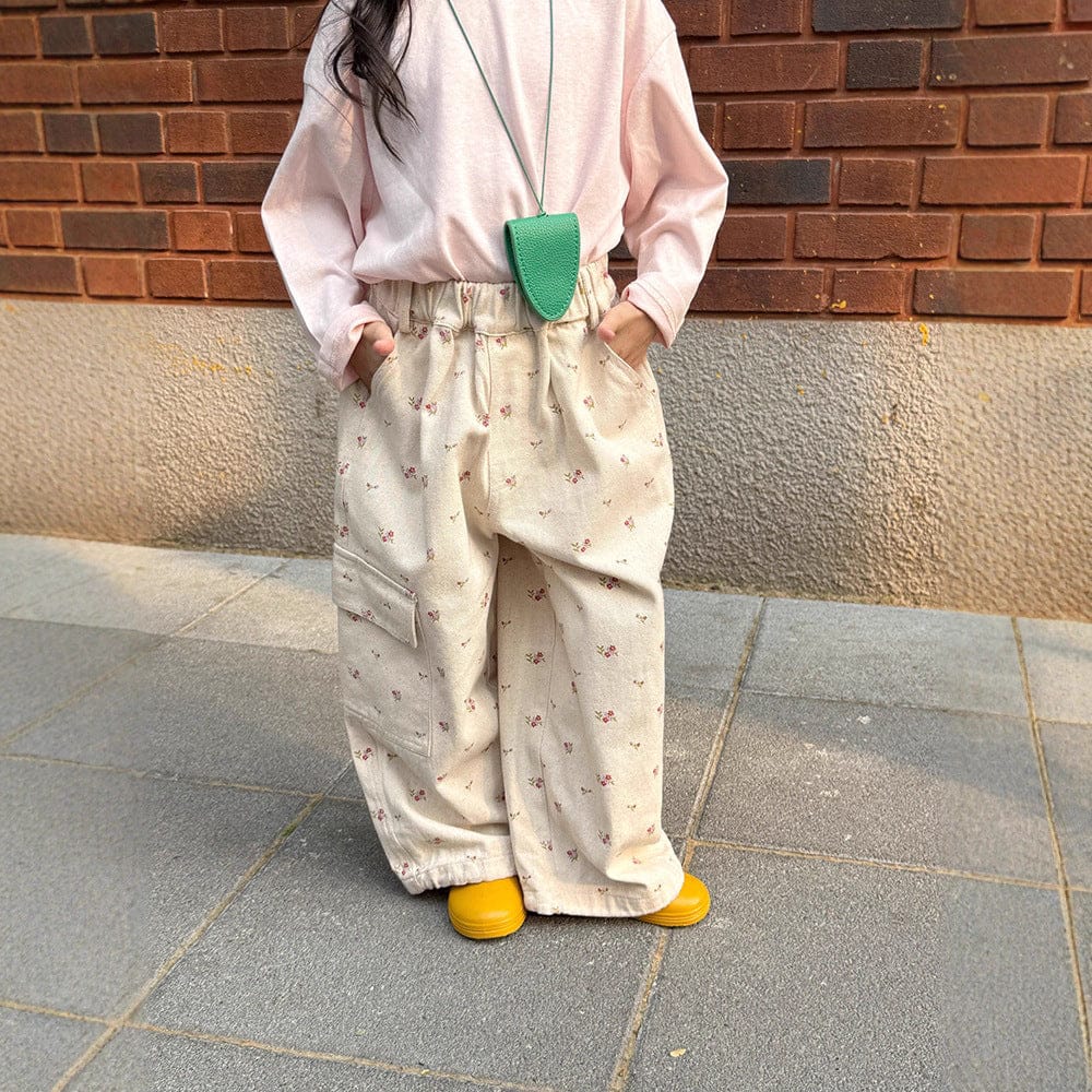 ロングパンツ・スウェットパンツ 小花柄ワイドパンツ サイドポケット付き ルーズフィットロングパンツ【mh0011054】