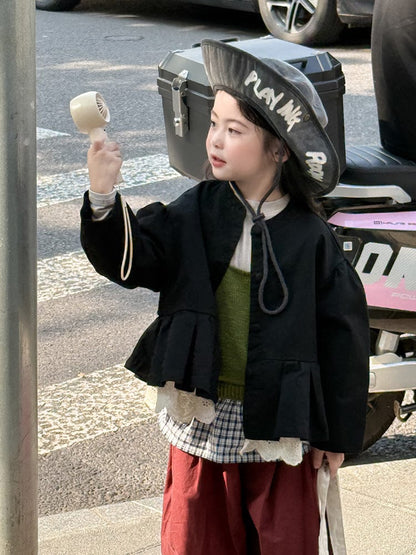 ショートコート・ジャケット・ジャンパー ペプラムフリルジャケット レース裾 パフスリーブアウター【mh0011056】