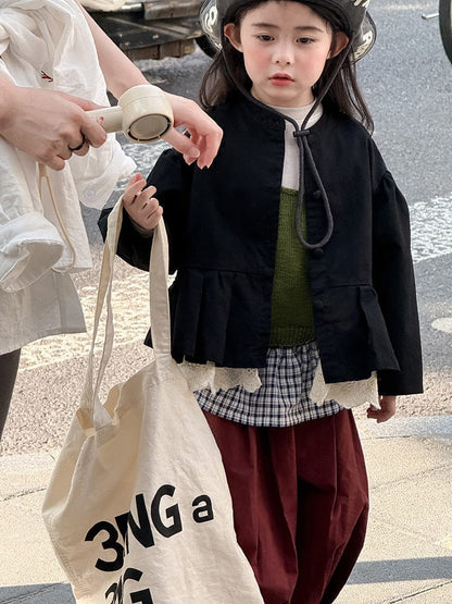 ショートコート・ジャケット・ジャンパー ペプラムフリルジャケット レース裾 パフスリーブアウター【mh0011056】