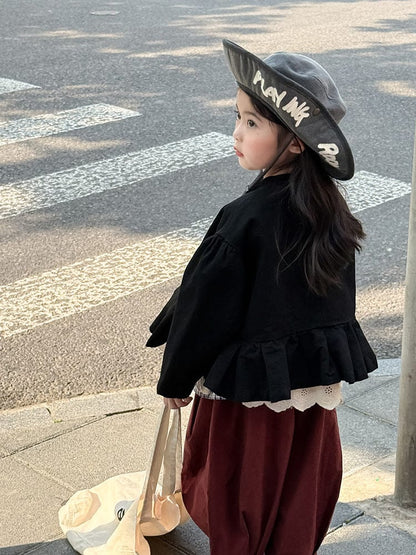 ショートコート・ジャケット・ジャンパー ペプラムフリルジャケット レース裾 パフスリーブアウター【mh0011056】