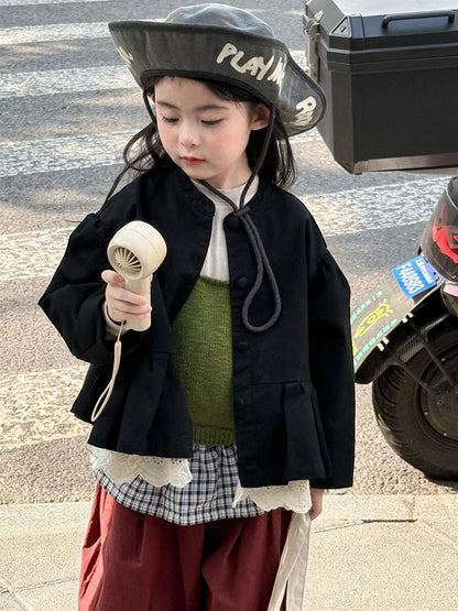 ショートコート・ジャケット・ジャンパー ペプラムフリルジャケット レース裾 パフスリーブアウター【mh0011056】