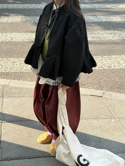 ショートコート・ジャケット・ジャンパー ペプラムフリルジャケット レース裾 パフスリーブアウター【mh0011056】