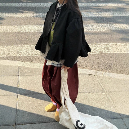 ショートコート・ジャケット・ジャンパー ペプラムフリルジャケット レース裾 パフスリーブアウター【mh0011056】