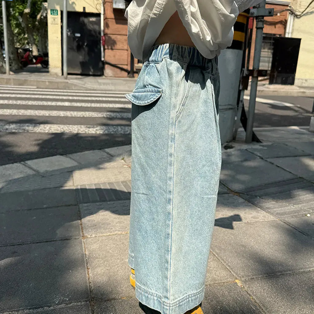 デニムパンツ ルーズストレートデニムパンツ ウエストゴム ワイドシルエットパンツ【mh0011062】