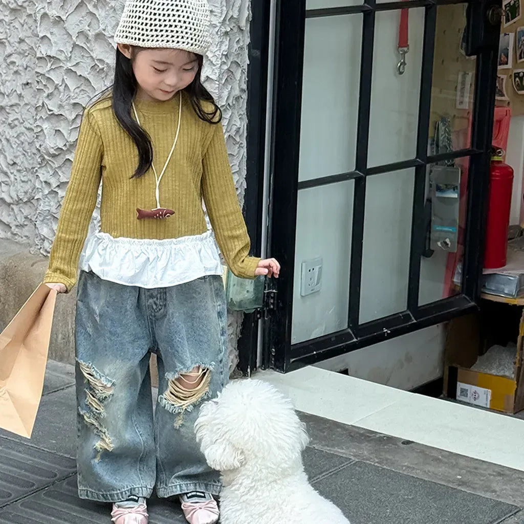 デニムパンツ ダメージ加工ワイドデニムパンツ クラッシュデニム ジーンズ【mh0011063】