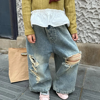 デニムパンツ ダメージ加工ワイドデニムパンツ クラッシュデニム ジーンズ【mh0011063】