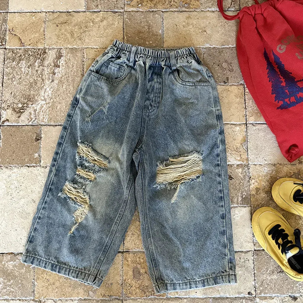 デニムパンツ ダメージ加工ワイドデニムパンツ クラッシュデニム ジーンズ【mh0011063】