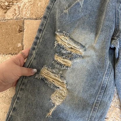 デニムパンツ ダメージ加工ワイドデニムパンツ クラッシュデニム ジーンズ【mh0011063】