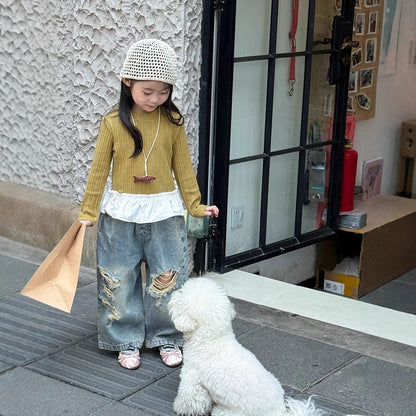 デニムパンツ ダメージ加工ワイドデニムパンツ クラッシュデニム ジーンズ【mh0011063】