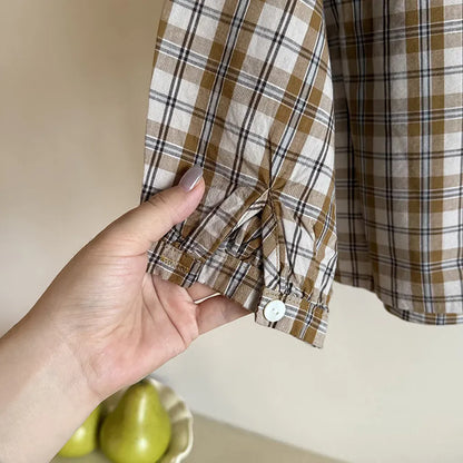 長袖シャツ・ブラウス ビックカラーチェック柄ブラウス 丸襟長袖トップス【mh0011066】