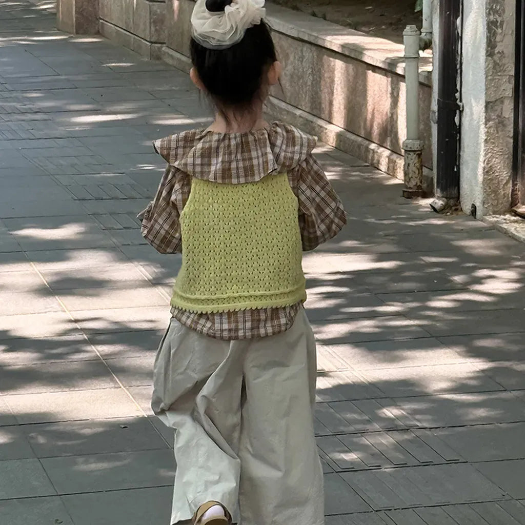 長袖シャツ・ブラウス ビックカラーチェック柄ブラウス 丸襟長袖トップス【mh0011066】