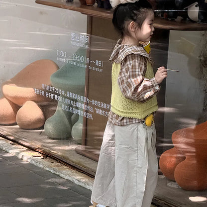 長袖シャツ・ブラウス ビックカラーチェック柄ブラウス 丸襟長袖トップス【mh0011066】