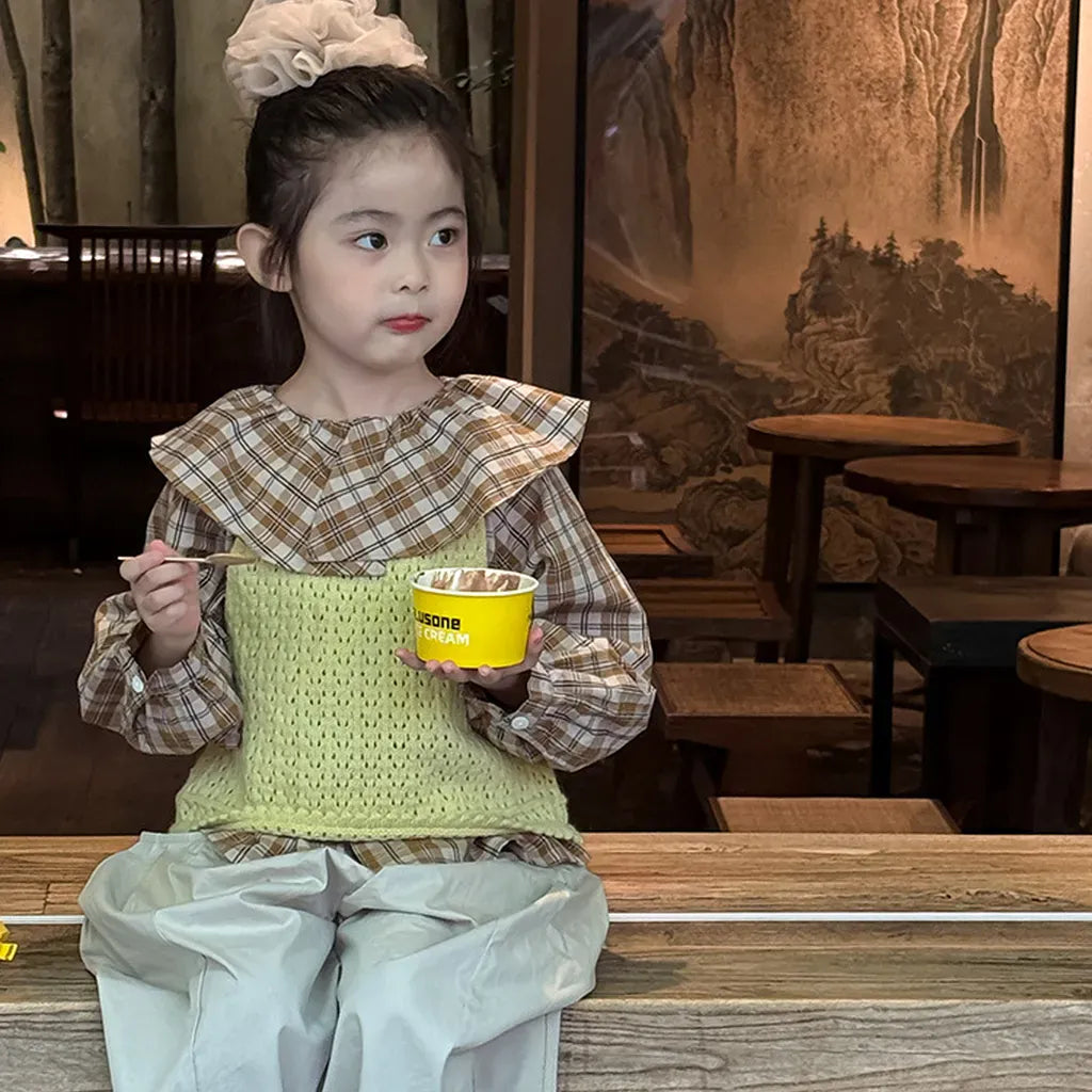 長袖シャツ・ブラウス ビックカラーチェック柄ブラウス 丸襟長袖トップス【mh0011066】