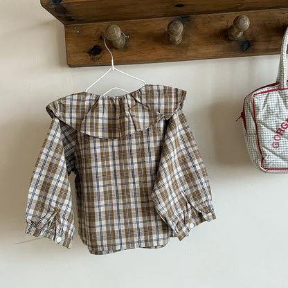 長袖シャツ・ブラウス ビックカラーチェック柄ブラウス 丸襟長袖トップス【mh0011066】