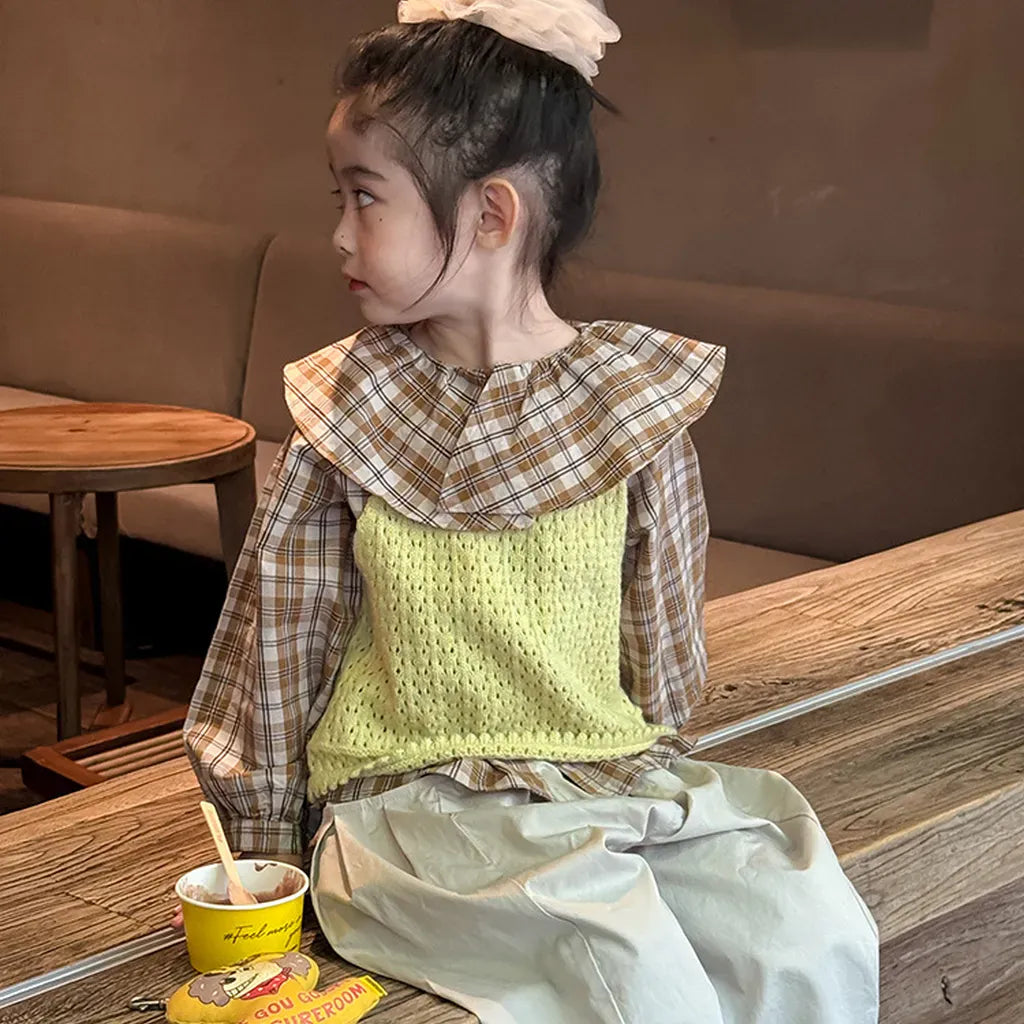 長袖シャツ・ブラウス ビックカラーチェック柄ブラウス 丸襟長袖トップス【mh0011066】