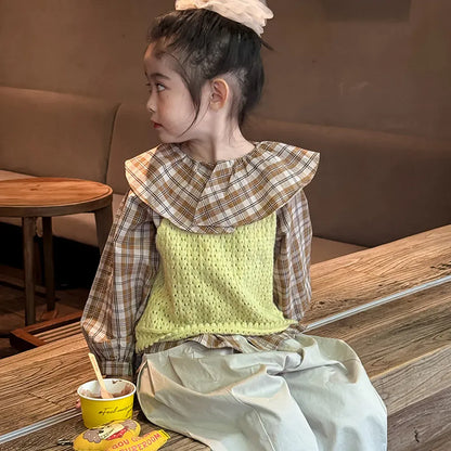 長袖シャツ・ブラウス ビックカラーチェック柄ブラウス 丸襟長袖トップス【mh0011066】