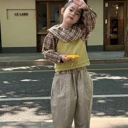 長袖シャツ・ブラウス ビックカラーチェック柄ブラウス 丸襟長袖トップス【mh0011066】