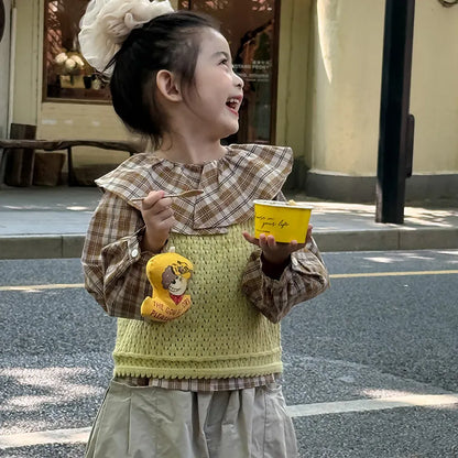 長袖シャツ・ブラウス ビックカラーチェック柄ブラウス 丸襟長袖トップス【mh0011066】