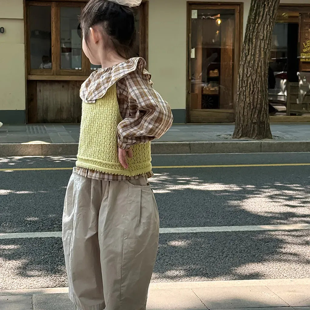 長袖シャツ・ブラウス ビックカラーチェック柄ブラウス 丸襟長袖トップス【mh0011066】