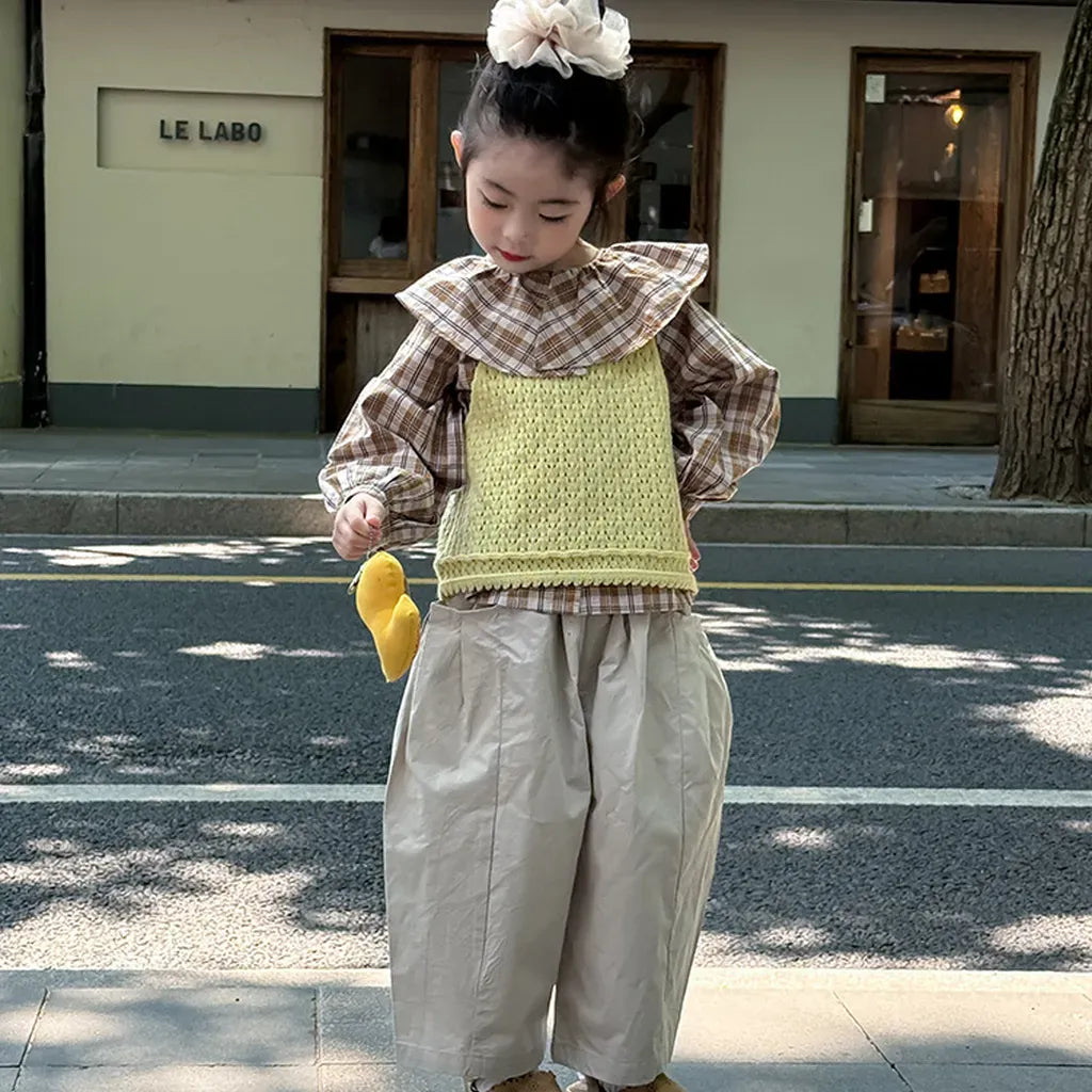 長袖シャツ・ブラウス ビックカラーチェック柄ブラウス 丸襟長袖トップス【mh0011066】