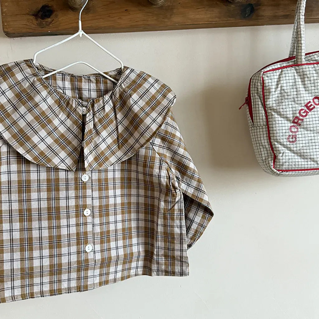 長袖シャツ・ブラウス ビックカラーチェック柄ブラウス 丸襟長袖トップス【mh0011066】