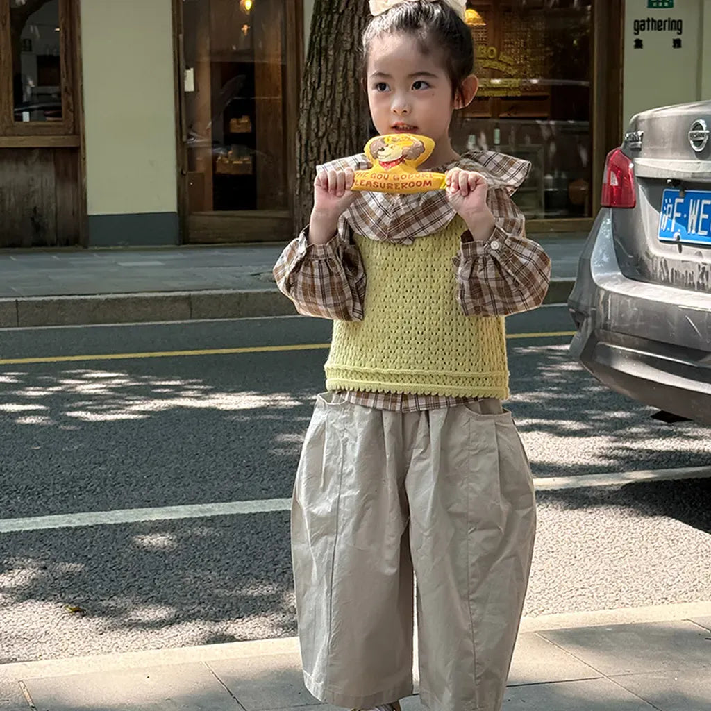 長袖シャツ・ブラウス ビックカラーチェック柄ブラウス 丸襟長袖トップス【mh0011066】