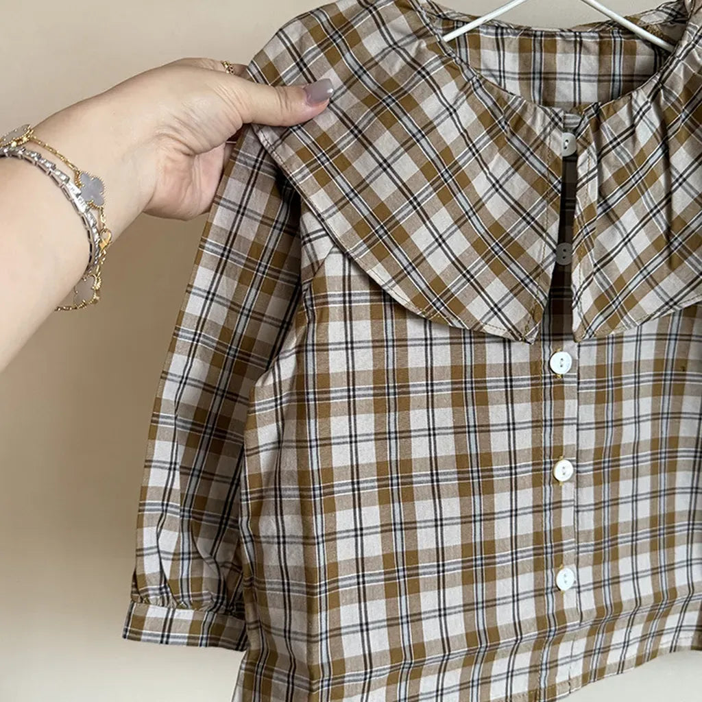 長袖シャツ・ブラウス ビックカラーチェック柄ブラウス 丸襟長袖トップス【mh0011066】