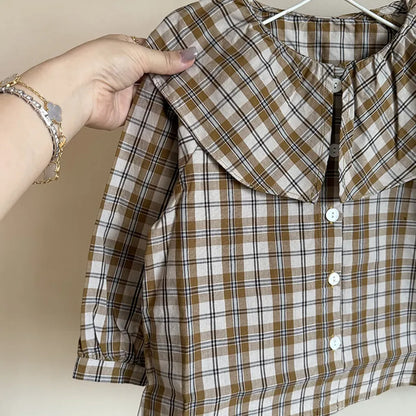 長袖シャツ・ブラウス ビックカラーチェック柄ブラウス 丸襟長袖トップス【mh0011066】