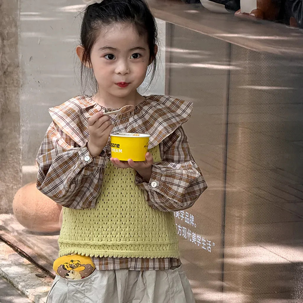 長袖シャツ・ブラウス ビックカラーチェック柄ブラウス 丸襟長袖トップス【mh0011066】