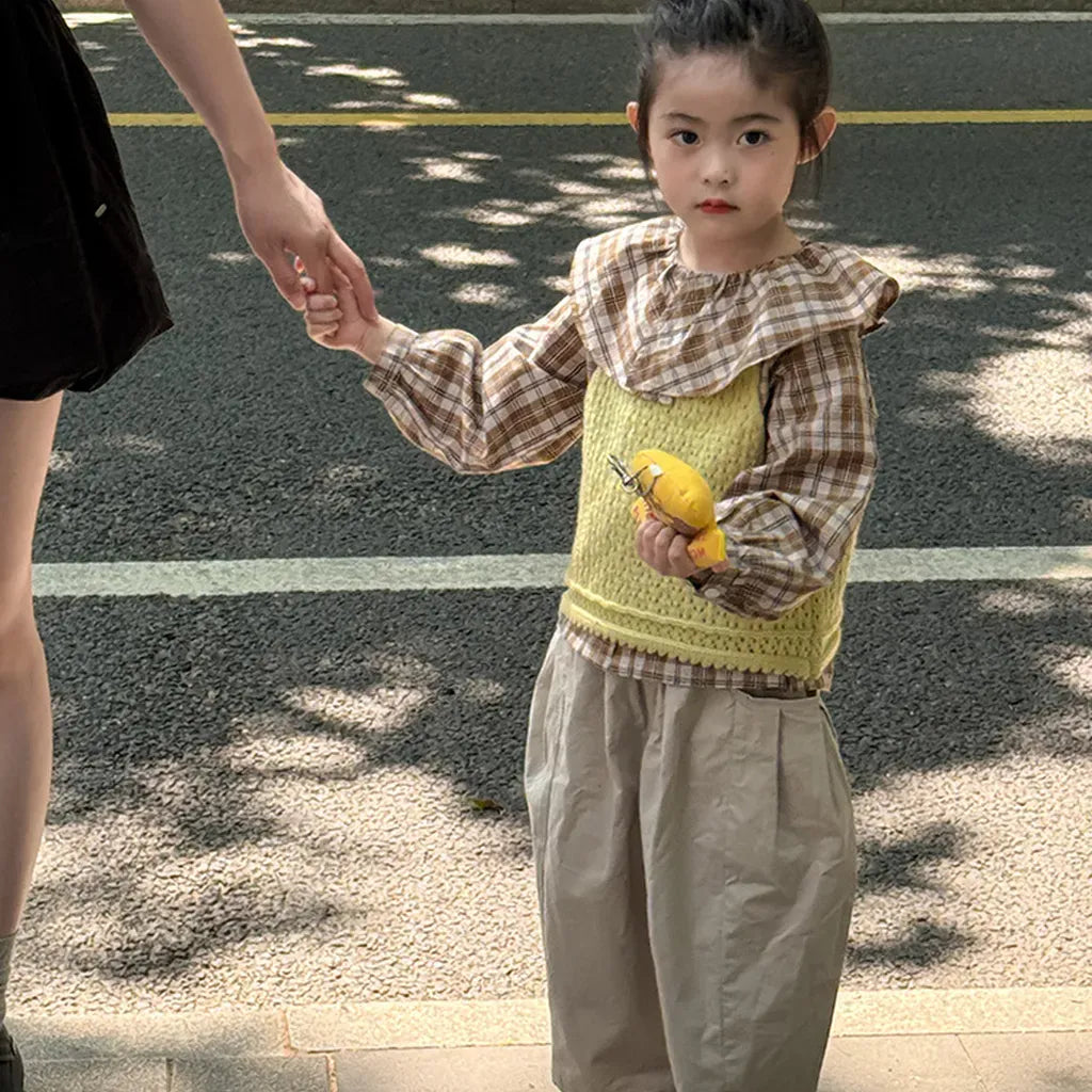 長袖シャツ・ブラウス ビックカラーチェック柄ブラウス 丸襟長袖トップス【mh0011066】