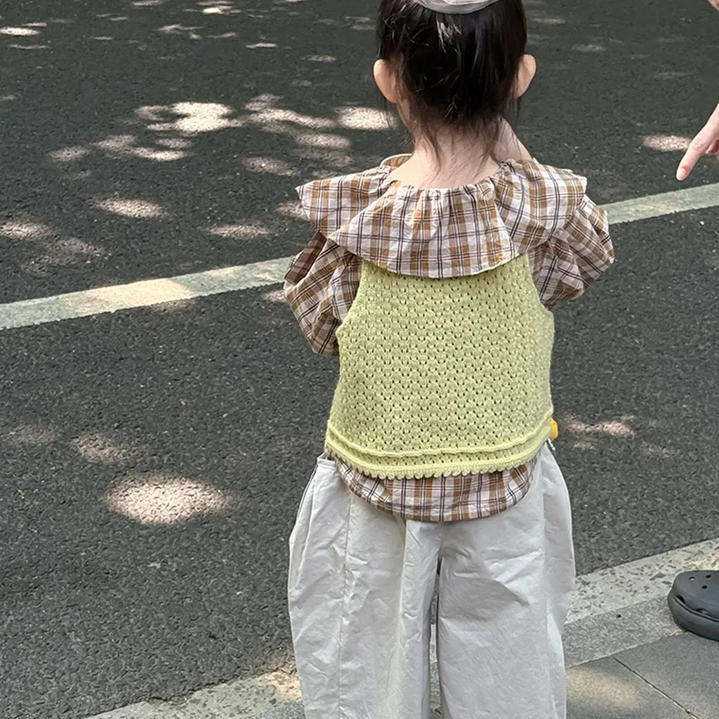 長袖シャツ・ブラウス ビックカラーチェック柄ブラウス 丸襟長袖トップス【mh0011066】