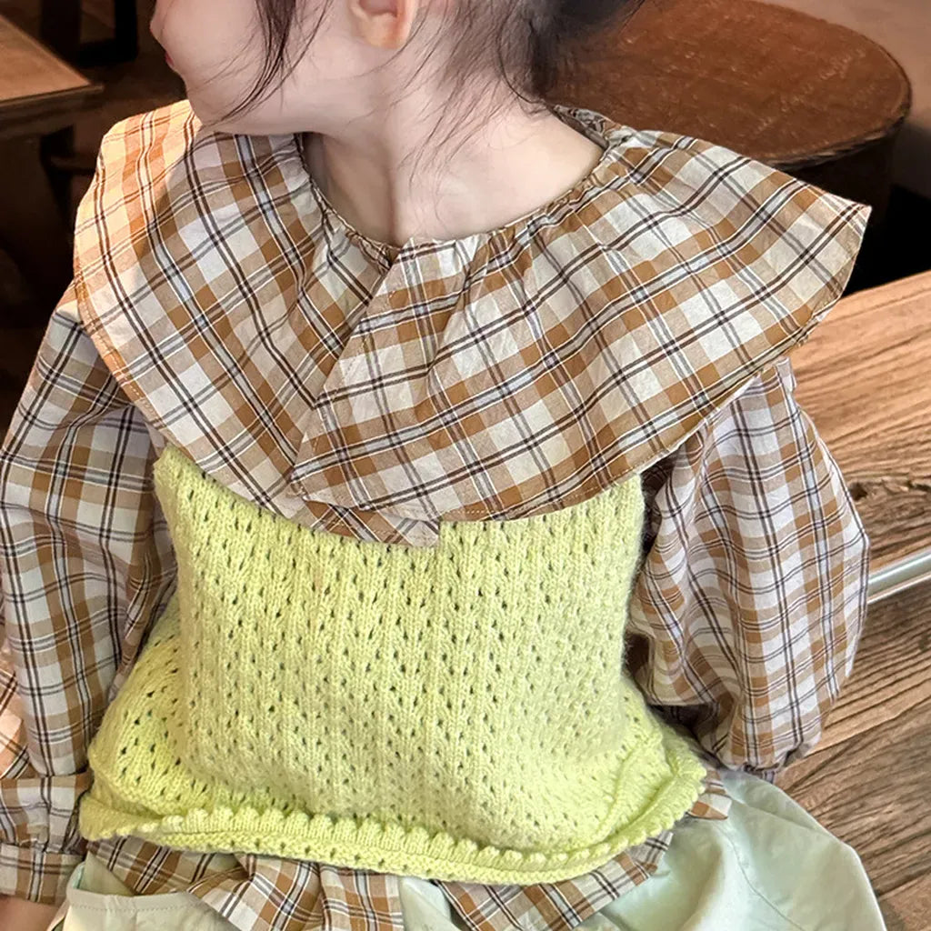 長袖シャツ・ブラウス ビックカラーチェック柄ブラウス 丸襟長袖トップス【mh0011066】