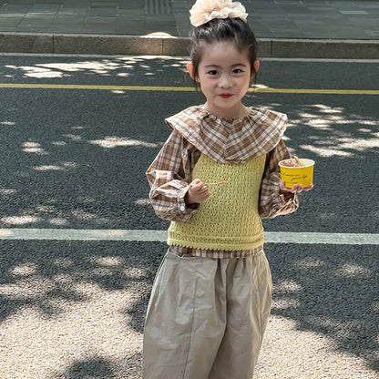 長袖シャツ・ブラウス ビックカラーチェック柄ブラウス 丸襟長袖トップス【mh0011066】