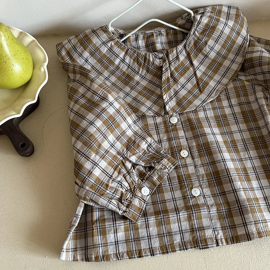 長袖シャツ・ブラウス ビックカラーチェック柄ブラウス 丸襟長袖トップス【mh0011066】