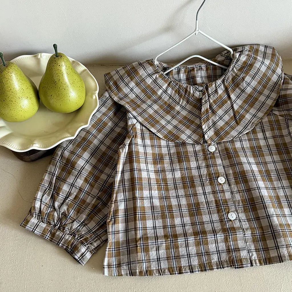 長袖シャツ・ブラウス ビックカラーチェック柄ブラウス 丸襟長袖トップス【mh0011066】