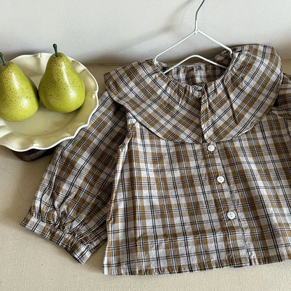 長袖シャツ・ブラウス ビックカラーチェック柄ブラウス 丸襟長袖トップス【mh0011066】