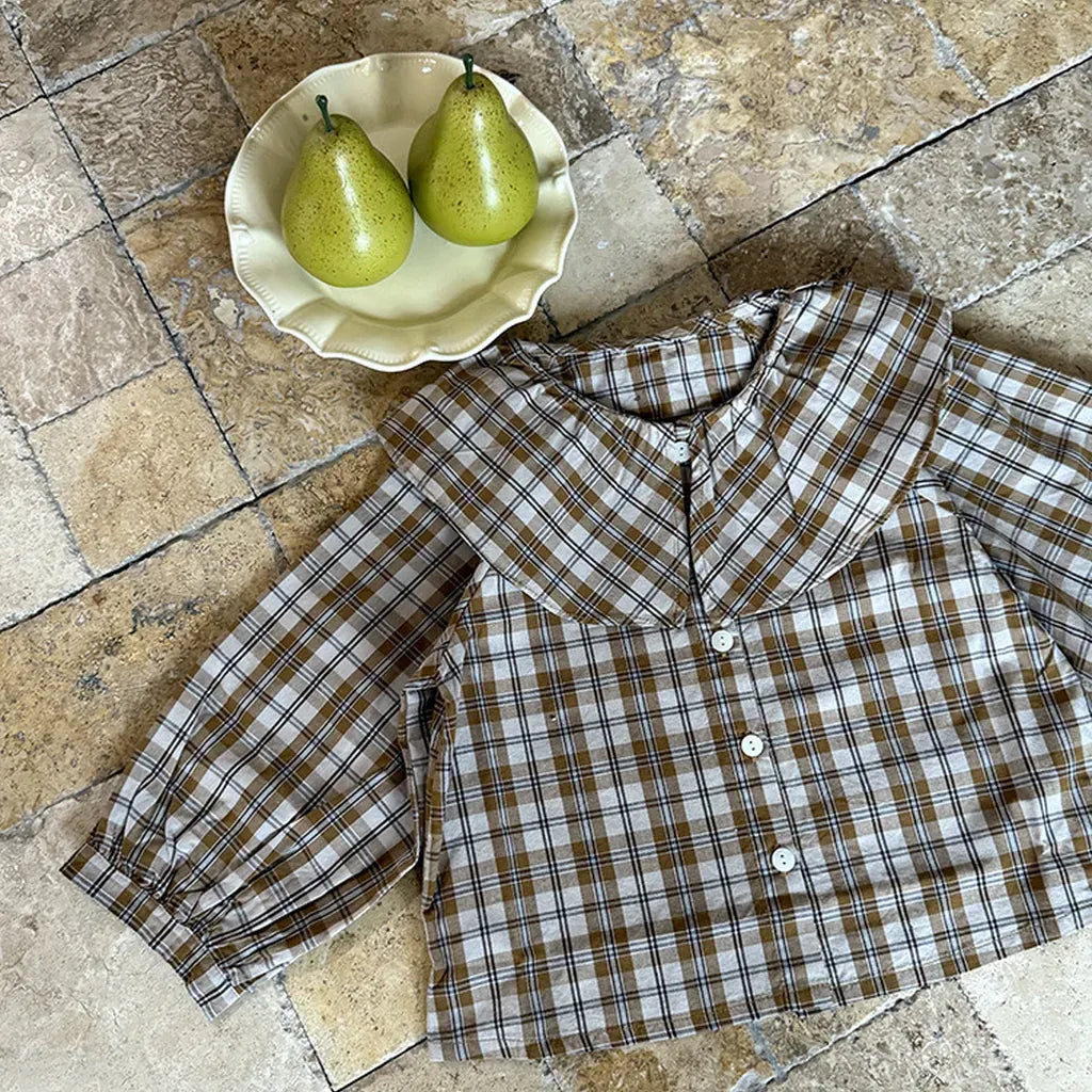 長袖シャツ・ブラウス ビックカラーチェック柄ブラウス 丸襟長袖トップス【mh0011066】
