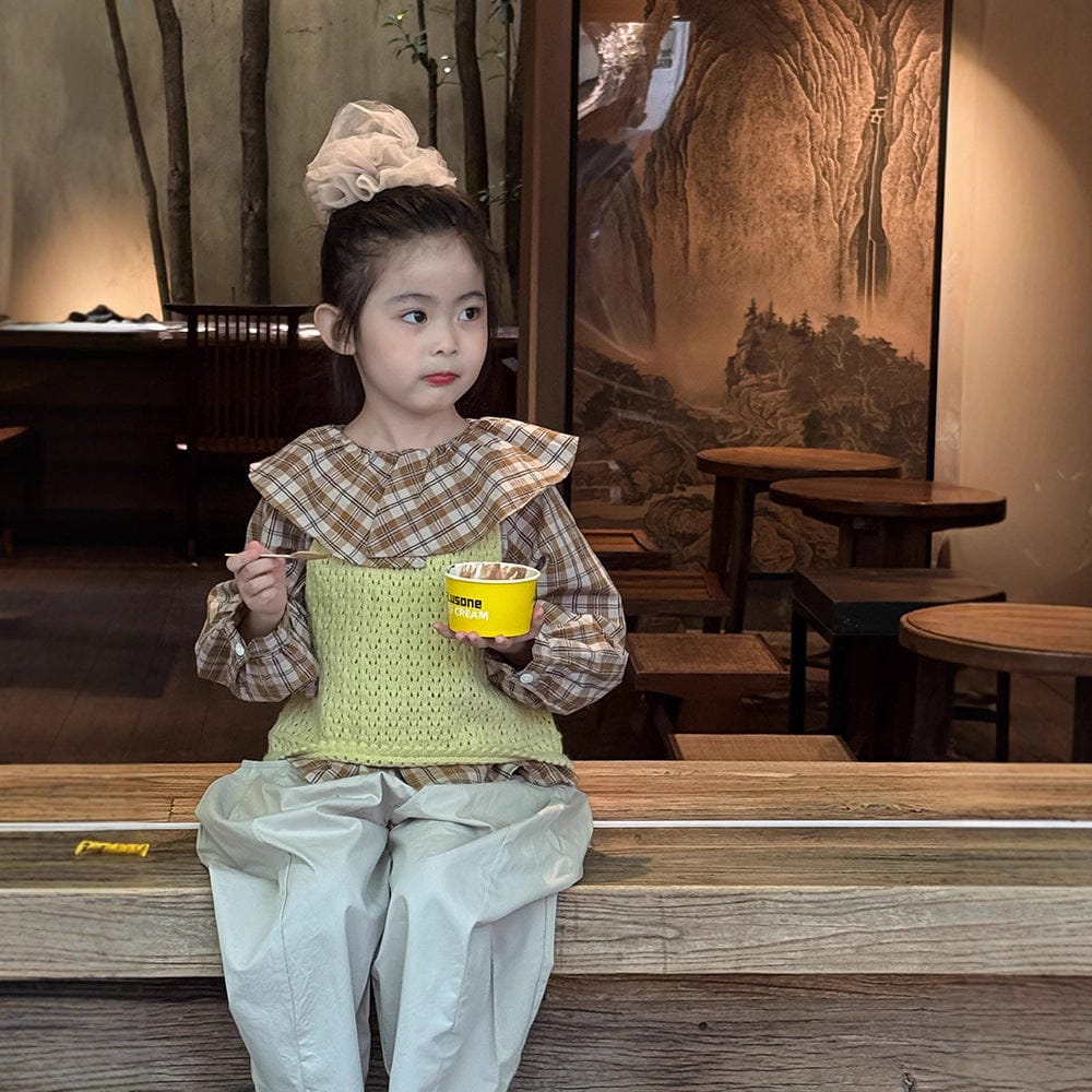 長袖シャツ・ブラウス ビックカラーチェック柄ブラウス 丸襟長袖トップス【mh0011066】