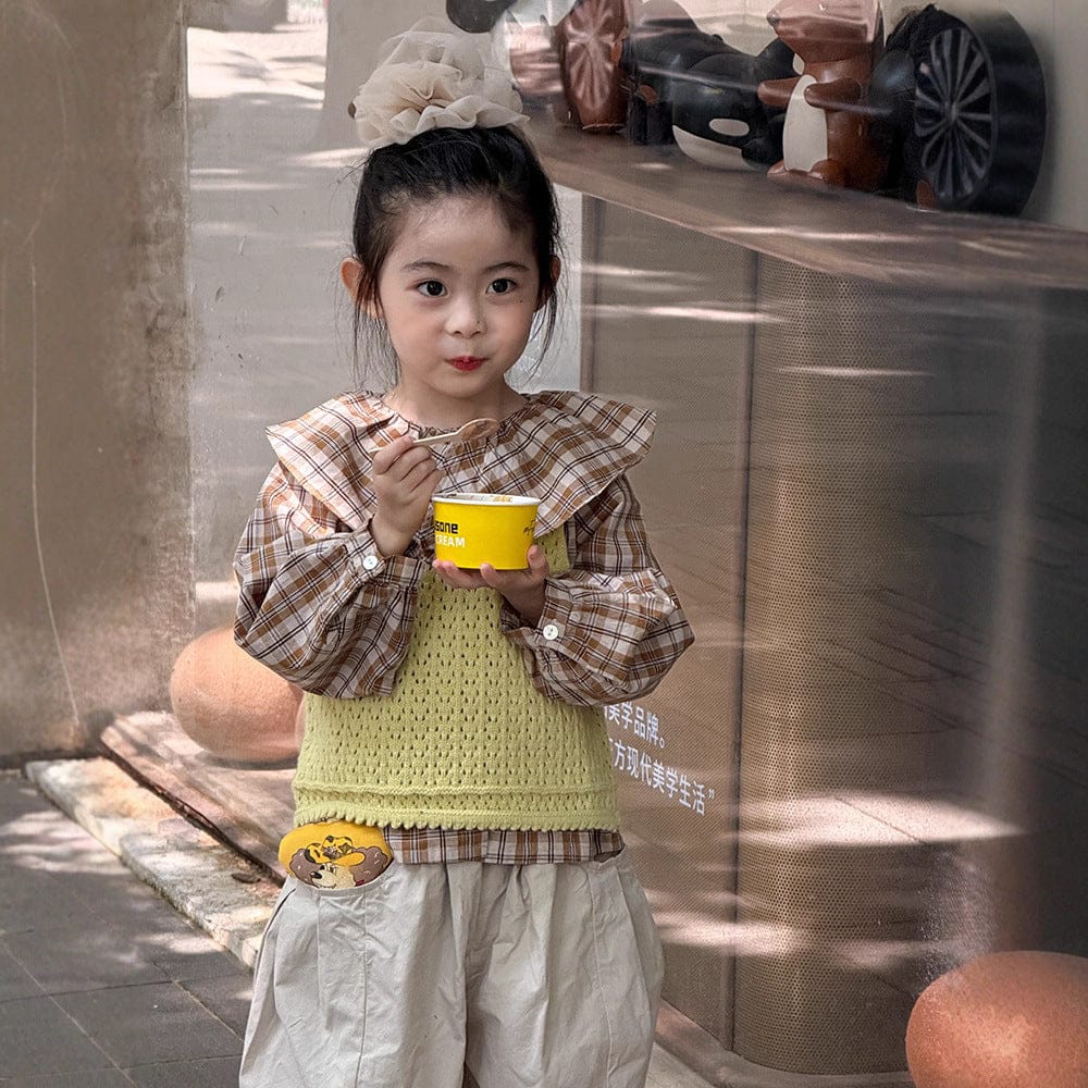 長袖シャツ・ブラウス ビックカラーチェック柄ブラウス 丸襟長袖トップス【mh0011066】