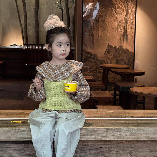 長袖シャツ・ブラウス ビックカラーチェック柄ブラウス 丸襟長袖トップス【mh0011066】