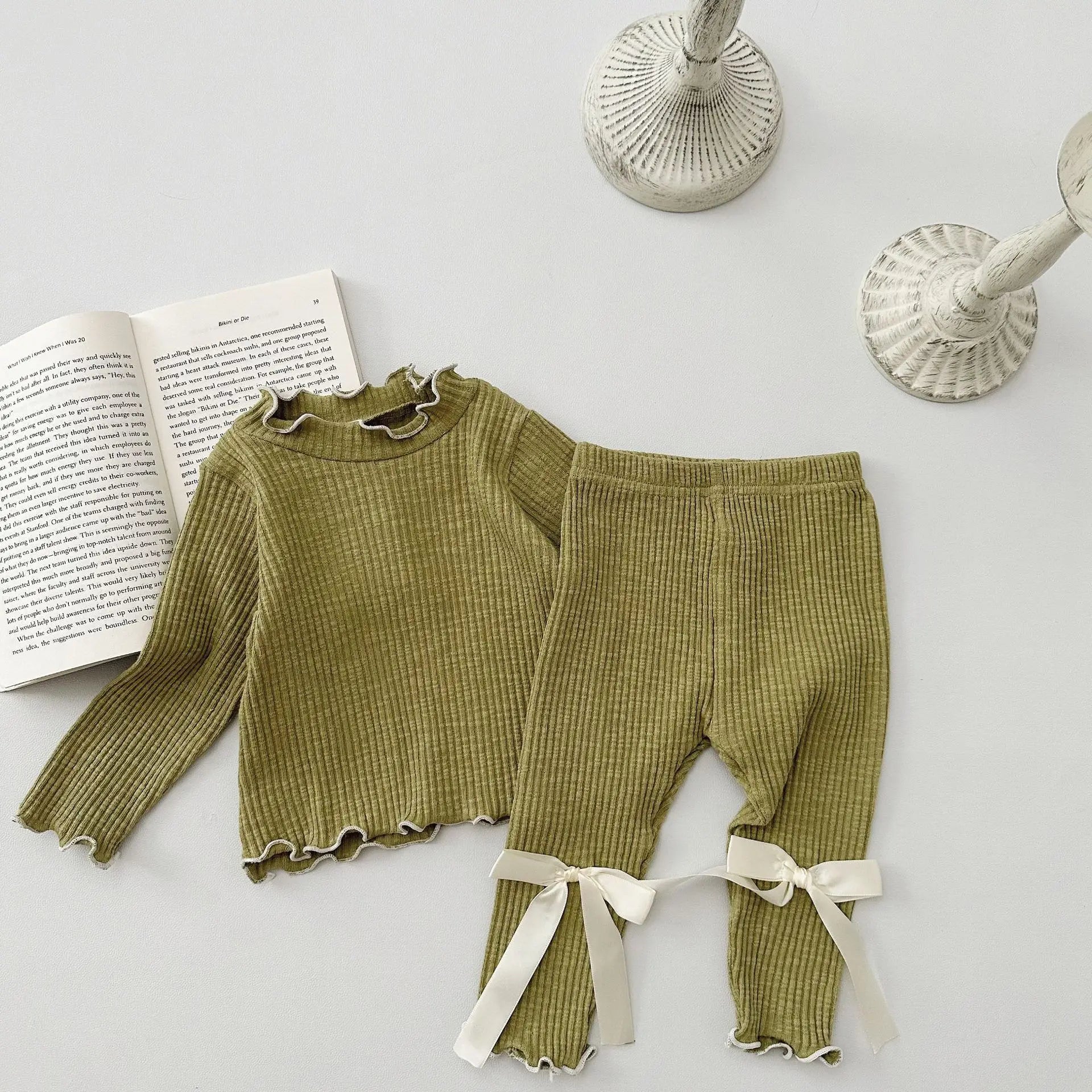長袖セットアップ Moss Green / 3-6M  66cm ベビーセットアップ 2点セット 長袖Tシャツ+リボンロングパンツ 2カラー【mh0006399】
