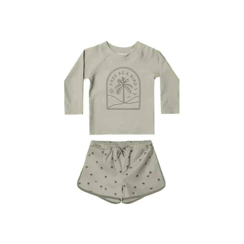 ベビー用水着 Moss Green / 80cm キッズ水着 ボーイズ 長袖 セパレート トップス+パンツ ストライプ/チェック スイムウェア【mh0005994】