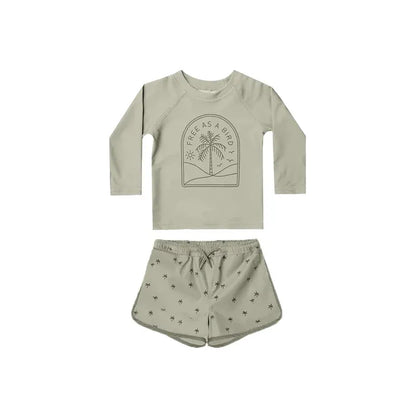 ベビー用水着 Moss Green / 80cm キッズ水着 ボーイズ 長袖 セパレート トップス+パンツ ストライプ/チェック スイムウェア【mh0005994】