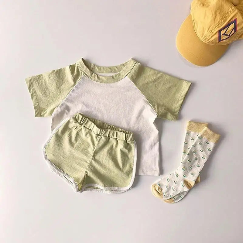半袖セットアップ Mustard / 9M  73cm キッズセットアップ 2点セット パッチワーク カラフル 半袖Tシャツ+ショートパンツ ユニセックス